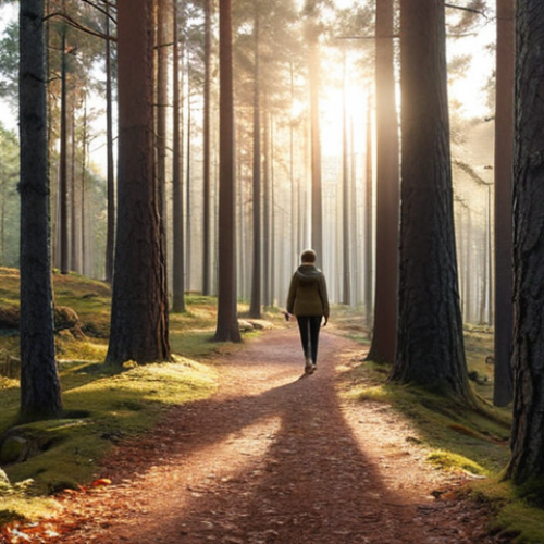 **A serene Scandinavian forest scene at dawn. Soft sunlight filters through tall pine trees, illuminating a winding path covered in fallen leaves. A person is seen walking peacefully on the path, embodying mindfulness and a connection with nature. The image should evoke calmness and well-being.**