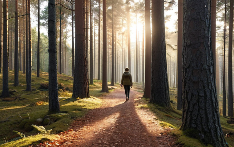 **A serene Scandinavian forest scene at dawn. Soft sunlight filters through tall pine trees, illuminating a winding path covered in fallen leaves. A person is seen walking peacefully on the path, embodying mindfulness and a connection with nature. The image should evoke calmness and well-being.**