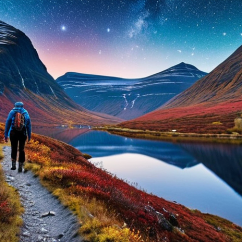 **Kungsleden Hike, Lappland:** A vast, wild landscape in Swedish Lapland during autumn. A lone hiker walks along a trail beside a clear lake, with colorful foliage and snow-capped mountains in the background. A starry sky above.