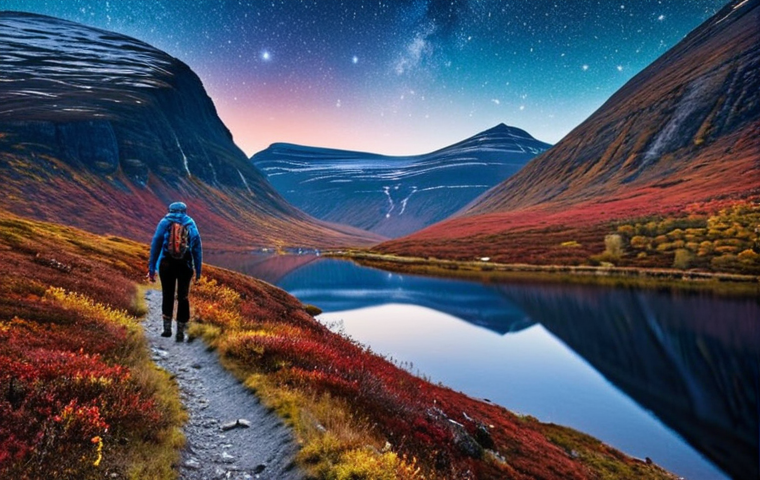 **Kungsleden Hike, Lappland:** A vast, wild landscape in Swedish Lapland during autumn. A lone hiker walks along a trail beside a clear lake, with colorful foliage and snow-capped mountains in the background. A starry sky above.