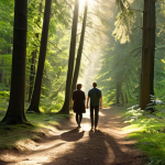 **A tranquil forest path with sunlight filtering through the trees, two figures (therapist and client) walking side-by-side, engaged in conversation. The atmosphere should be calm and supportive, visually representing stress reduction and open communication in nature.**