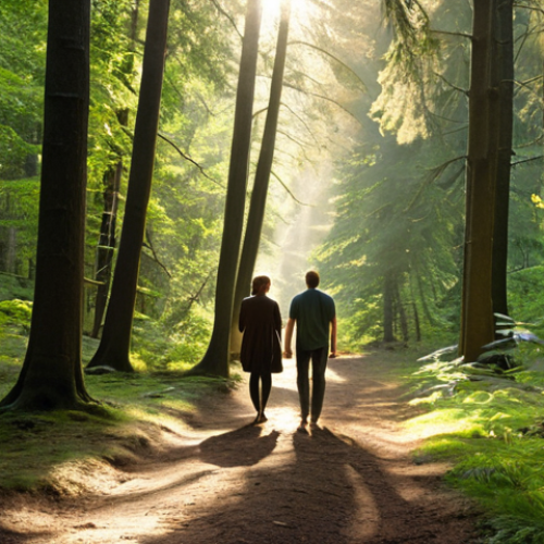 **A tranquil forest path with sunlight filtering through the trees, two figures (therapist and client) walking side-by-side, engaged in conversation. The atmosphere should be calm and supportive, visually representing stress reduction and open communication in nature.**