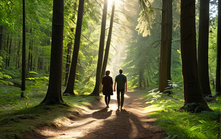 **A tranquil forest path with sunlight filtering through the trees, two figures (therapist and client) walking side-by-side, engaged in conversation. The atmosphere should be calm and supportive, visually representing stress reduction and open communication in nature.**